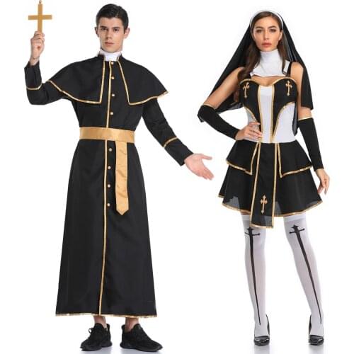 Black Classic Priest Nun Costumes Adult Jesus Virgin Mary Pastor Cosplay Party Performace Bad Habit Halloween Clothes Outfits