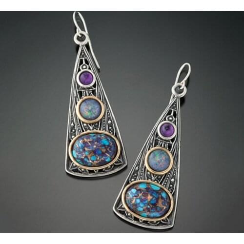 Tribal Triangle Purple Beads Opal Stone Earrings Gypsy Jewelry Two Tone Metal Natural Water Drop Dangle Earrings