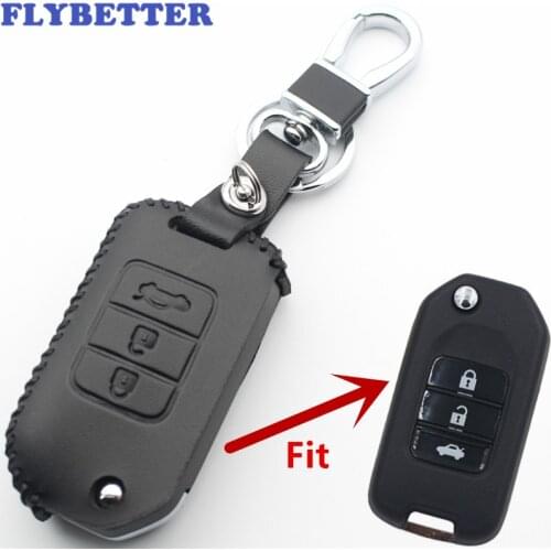FLYBETTER Genuine Leather 3Button Original Flip Remote Key Case Cover For Honda City/HR-V/XR-V/Fit/Civic Car Styling L410