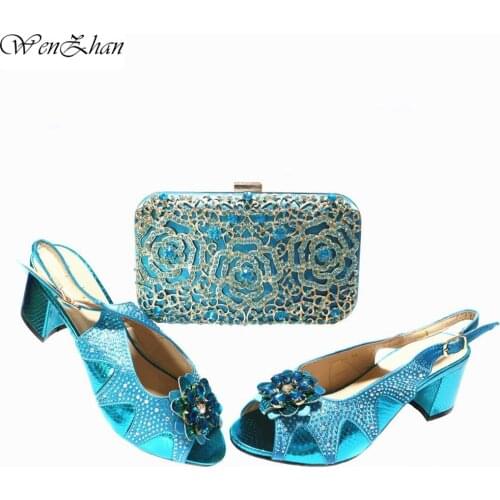 Italian Ladies Shoes and Bags To Match Decorated with Rhinestones Sky Blue Ladies Nigeria Sandals With Soft Heels 38-43 e17-10