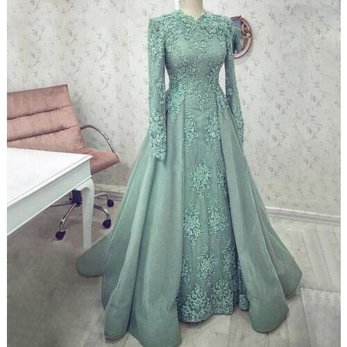 Custom Saudi Arabia Green Lace Applique Evening Dresses Dubai Party Prom Long Sleeves Engagement Muslim Formal Prom Gowns