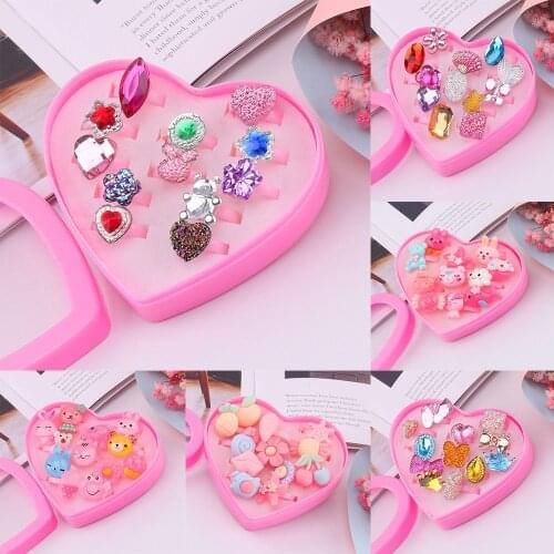 1Box Plastic/Resin Children Girl Gem Ring Toys Adjustable Girl Finger Ring Toy Cartoon Girl Beauty Makeup Pretend Play Toy Set