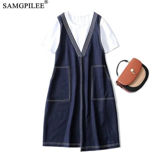 Summer Clothes For Women 2021 New Fake Two-piece Loose Dresses Fashion European Thin Plus Size Denim Blue Color Woman Dress 4XL