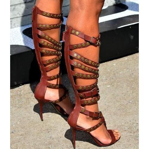 Summer Hot Red Brown Leather Buckles Women Knee High Boots Open Toe Ladies High Heel Boots Fashion Gladiator Boots Party Shoes