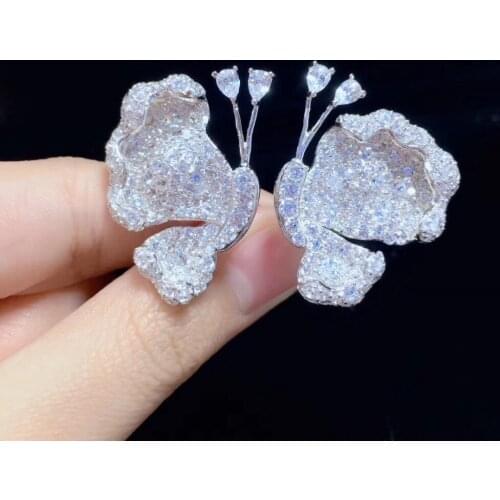 Cute white butterfly stud earring 925 sterling silver fine women jewelry free shipping pave stone 25*32MM