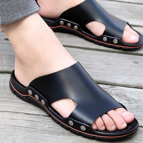 OEING Sandals men Genuine Leather Slippers Summer Brand Soft Comfortable Beach Slippers Men Casual Cross Outdoor Slides 2020 New