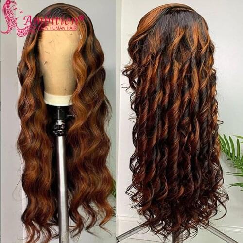 Remy Ombre Preplucked Human Hair Lace Front Wigs Dark Root Highlight Lace Frontal Wigs 180% Wavy Lace Human Hair Wigs for women