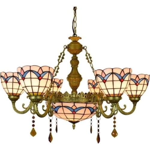 7/9 Heads Pink Tiffany Glass Suspension Foyer Dining Room Living Room Big Pendant Light European Luxurious 1218