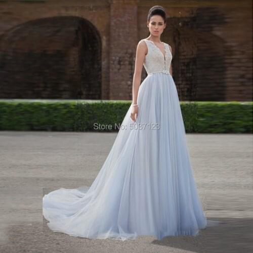 Chic Light Blue A Line Wedding Dresses Deep V Neck Lace Appliques Sleeveless Open Back Court Train Vestido De Noiva Bridal Gown