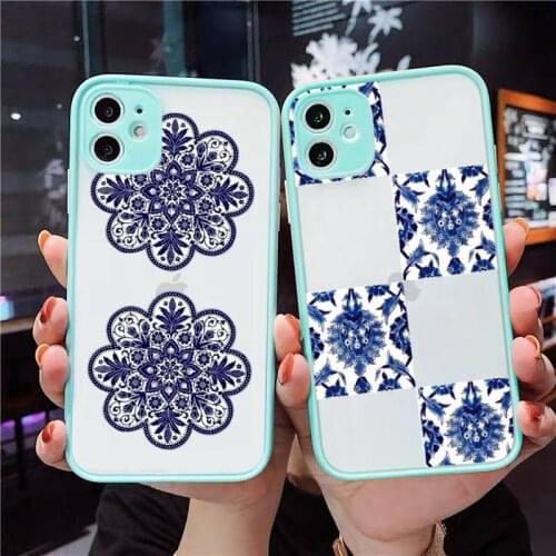 Blue and white porcelain Phone Case For iPhone 12 11 Mini Pro XR XS Max 7 8 Plus X Matte transparent blue Back Cover