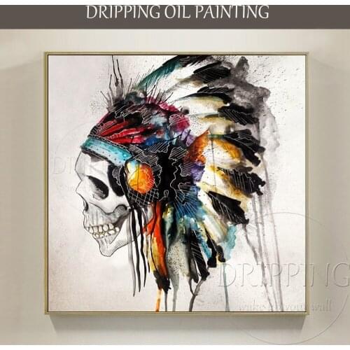 High Quality Wall Art Indian Scull Tattoo Oil Painting Hand-painted Fashion Design Wall Artwork Indian Scull Tattoo Oil Painting