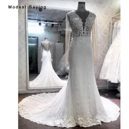 High Quality Ivory Mermaid Beaded Lace Long Sleeves Wedding Dresses 2018 with Nude Nettings Women Bridal Gowns vestidos de noiva