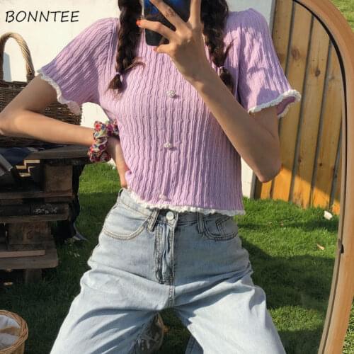 Women T-shirts Crop Top Square Collar Lace Solid Candy Color Sweet Lovely Slim Elegant Soft Harajuku Fashion All-match Females