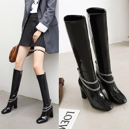 Fashion Patent Leather chain Knee-High Boots Woman Thick Heel Classic Square Toe Boots Zip Boots Party Dress Dance Shoes 33-43