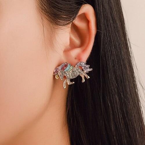 Fashion Full Rhinestone Unicorn Stud Earring Rainbow Colours Horse Women Girl Jewelry European
