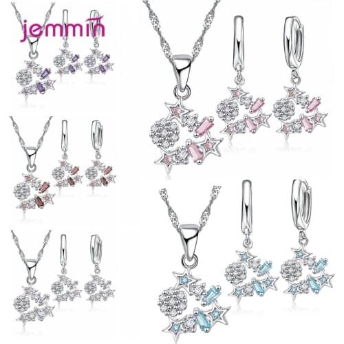 Women Zirconia Crystal 925 Sterling Silver Necklaces Hoop Earrings Bridal Wedding Jewelry Set Rhinestones Pendant Earrings Gift