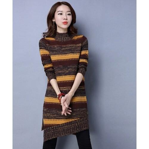 2019 Elegant Long sleeve O-neck Long Sweater Dress Women Autumn Winter Stripe Knit Dress Female Casual Pullovers Party Vestidos