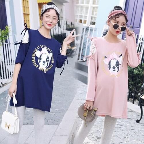 5052 # Luruh Percetakan Kartun Lengan Panjang Mudah Sepadan Longgar Bergaya Tops Wanita Hamil Wanita Kehamilan Pakaian