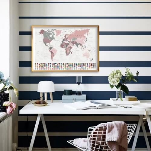 A2 Size The World Map with National Flags Retro Canvas Painting Decorative Wall Art Poster School Supplies Home Decor