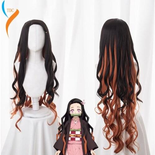 Demon Slayer: Kimetsu No Yaiba Kamado Nezuko Cosplay Wigs 95cm Long Curly Wavy Heat Resistant Synthetic Hiar Black Gradient
