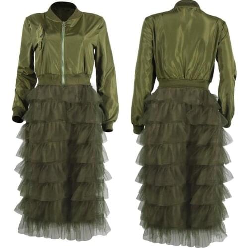 Dropshipping Fashion Women Autumn Long Sleeve Zipper Jacket Lacework Mesh Midi Dress Coat