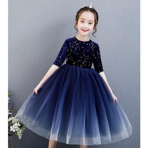Elegant Sequin Lace Girl Dress Blue Tulle Party Princess Gowns Half Sleeve Flower Girl Dress for Wedding Evening Communion Gown