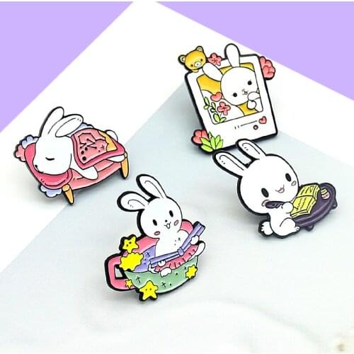 Cute rabbit Enamel Brooch Fun animal Lapel Pin Happy life of baby rabbit sleep study photograph bath Fashion creative Badge