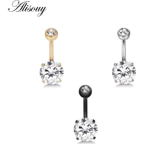 Alisouy 1 PCS Belly button ring stainless steel prong setting double CZ zircon internal thread body piercing navel ring jewelry