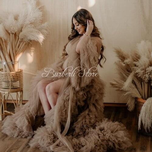 Pretty Champagne Ruffle Tulle Maternity Dress Photo Shoot Full Sleeves Long Tulle Pregnant Woman Dresses Baby Shower Mesh Robe