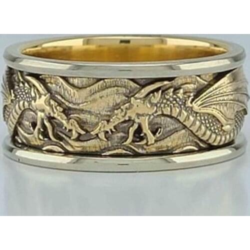 Fashion Golden Silver Color Western Double Dragon Animal Male Ring for Men Party Jewelry Accessories Size 6-13