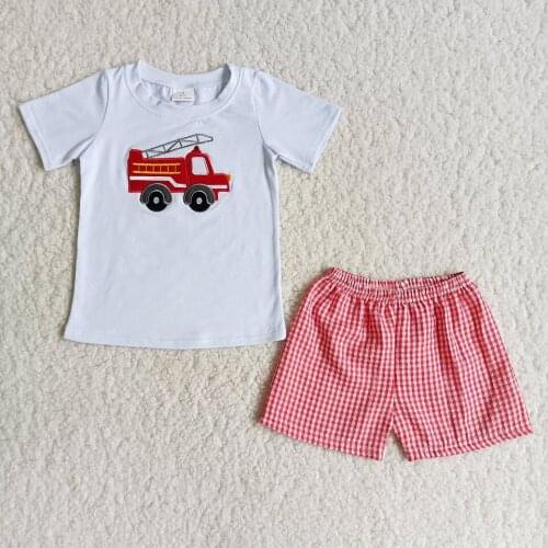 Fashion Kids Designer Clothes Boys Summer Outfits Fire Truck Embroidery Boutique Kids Clothing Lattice Stripe Shorts Wholesale