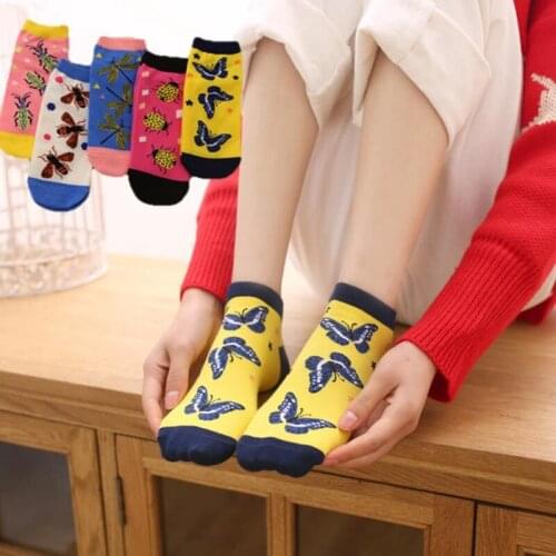 New cute short socks, classic design colorful cartoon butterfly dragonfly bee beetle pattern of fashionable funny women socks