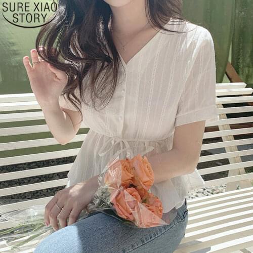 Embroidery Shirt Summer White Blouses Women Tops Femme Casual Short Sleeve Girls Blouse Linen Cotton Lace Up Plus Size 10108