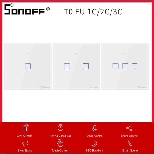 1-3PCS SONOFF T0 EU 1/2/3 Gang Wifi Touch Switch 220V Wall Light Wireless Switch 433 RF/Voice/APP Control 86 Type Smart Home