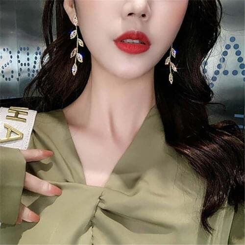Luxury 14K Real Gold Plated Leaves Earring Cubic Zircon CZ Stud Earrings Wedding Jewelry Pendant Long Tassel Drop Earrings