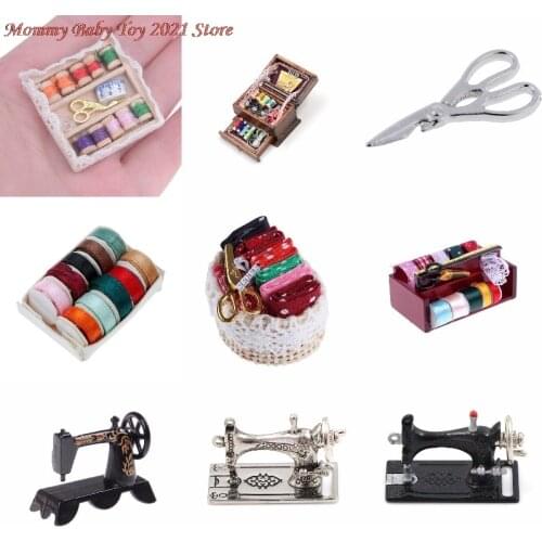 1:12 Mini Sewing Machine Sewing Box with Needle Scissors Kit Simulation Home Furniture Dollhouse Miniature Accessories