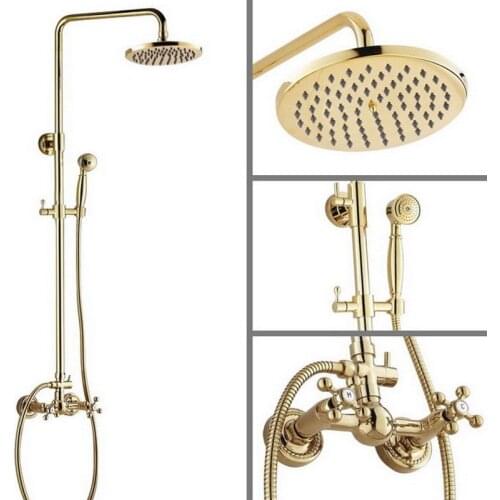 Shower Faucets Gold Brass Bathroom Shower Mixer Tap Faucet Set Rain Shower Head Round Wall Mounted agf324