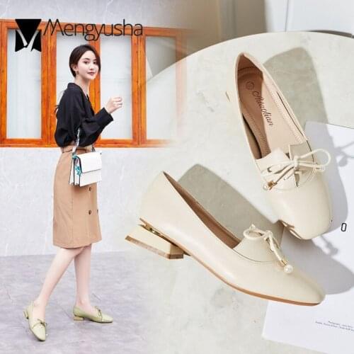Pearl Bow-knot small leather shoes women flats low heels loafers moccasins square toe grandma shoes woman solid lace up oxfords