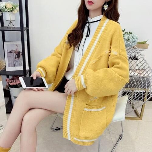 Knit Cardigan Sweater Women 2020 Autumn Winter Korean Loose Casual Letters Fashion Ladies Jacket Vintage Thick Knit Midi Sweater