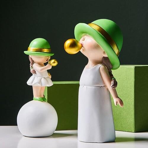Green Bubble Girl Sculpture Home Decoration Accessories for Living Room Decoration Resin Embellishments Children Room Desk Decor