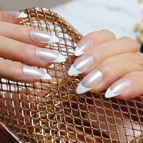 Pearl,White border French Nails medium Pointed nails False Nail tabs Tips Designed full sets Bright light Naturally transparent