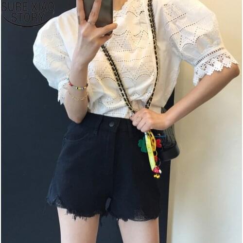 2021 Summer Korean Fashion Hollow Out Women Blouses Sweet Puff Short Sleeve Women Shirts Casual O Neck Ladies Tops Female 15181