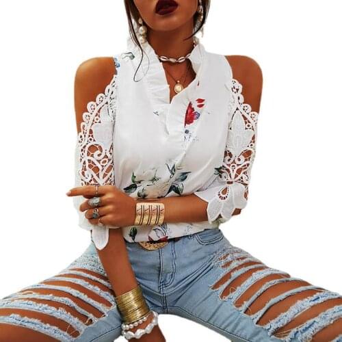 Sexy Off Shoulder Print Shirt Tops Women 2021 Summer Casual ruffles Hollow Out Shirts Top Femme Fall Lace Patchwork Tops Women