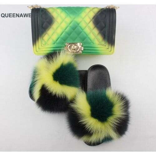 Women Fur Slides And Purse Set Fluffy Slippers Ladies Jelly Purse Furry Sandals Fur Slides And Bags Fox Hair Beach Flip Flops