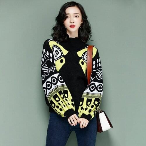 2020 Autumn Celebrity Style Multicolour Half TurtleNeck Knitted Women Sweaters Lantern Sleeve Female Knitwear Pullovers Jumpers