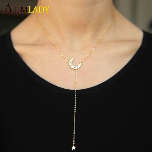Sparking cz MOON STAR DESIGN cute delicate girl women jewelry 100% 925 silver long chain lariat Y shape sexy necklace 925