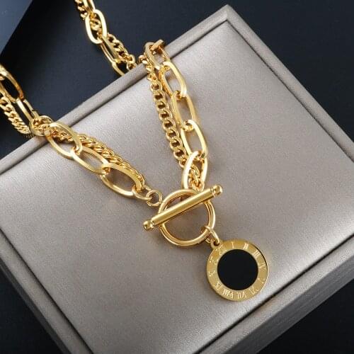 ZMFashion Vintage Multilayer Necklace Roman Numerals Black Shell Pendant OT Buckle Layered Chains Choker Jewelry For Women Men