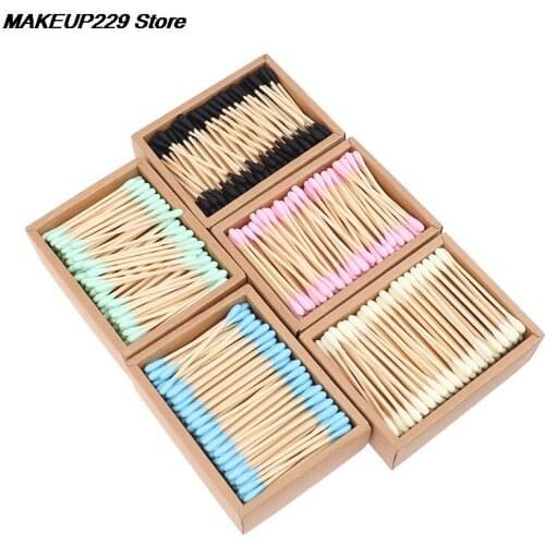 100/200pcs Double Head Cotton Swab Bamboo Cotton Swab Wood Sticks Disposable Buds Cotton For Beauty Makeup Nose Ears Cleaning