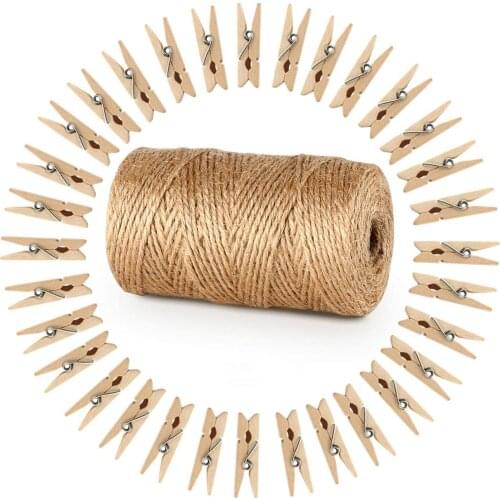 100 Pieces Wooden Hanger with 100 M Hemp Rope Suitable for DIY Clip Photo Folder Postcard Decoration Clip