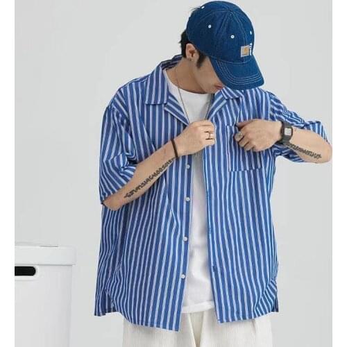 2021 Japanese Style Mens Lapel Collar Short Sleeve Shirts Stripe Printing Shirts Clothes Tops Blue Color Camisa Masculina